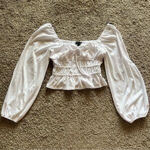 White Smocked Peasant Crop Top with Balloon Sleeves